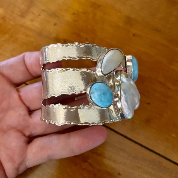 Sterling Silver Larimar & Pearl Cuff Bracelet - Picture 5 of 9